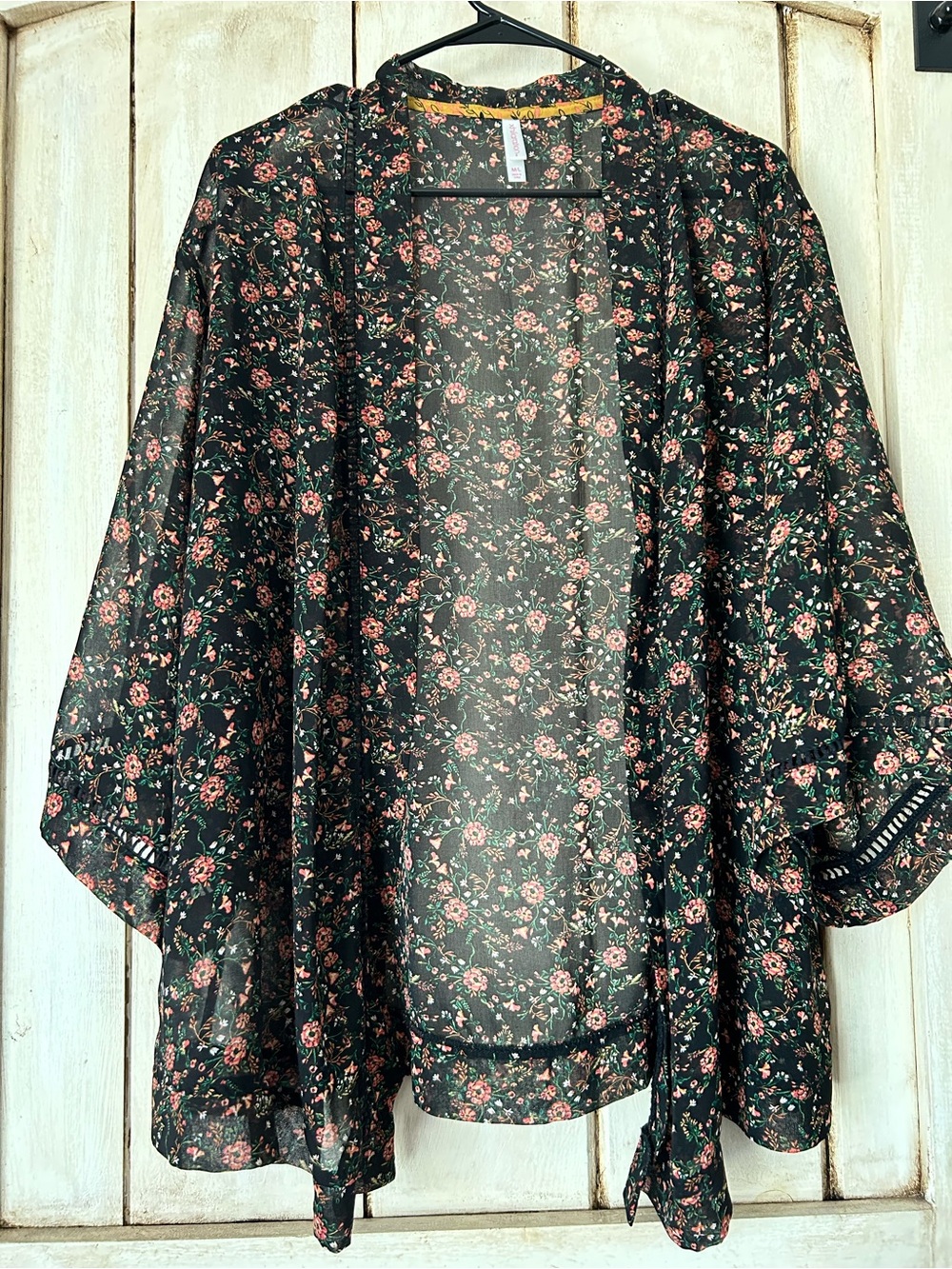 Xhilaration Black Sheer Floral Cover-Up with Peach and Green Blooms